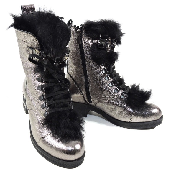 ALESSANDRO DI MARIA 🇮🇹 WOMEN SOFT SILVER LEATHER WINTER FUR BOOTIE - Picture 1 of 8